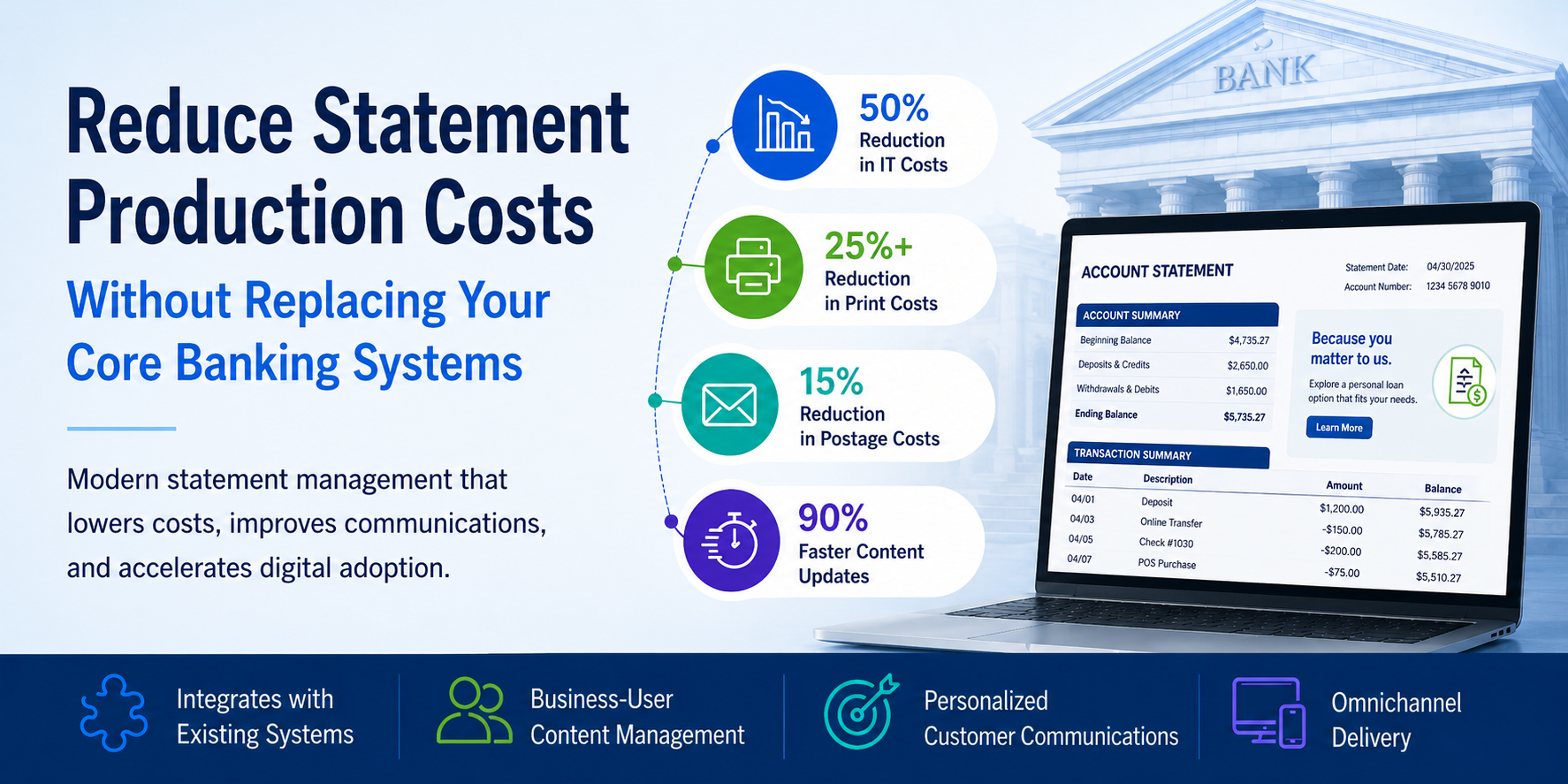 Illustration showing modern statement management for banks with digital statements, reduced print costs, and personalized customer communications
